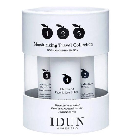 Idun Minerals Moisturizing Cleansing Face & Eye Lotion For Women Travel Collection Kit 3 X 1oz- Serum 0.5oz-Day Cream 0.5oz