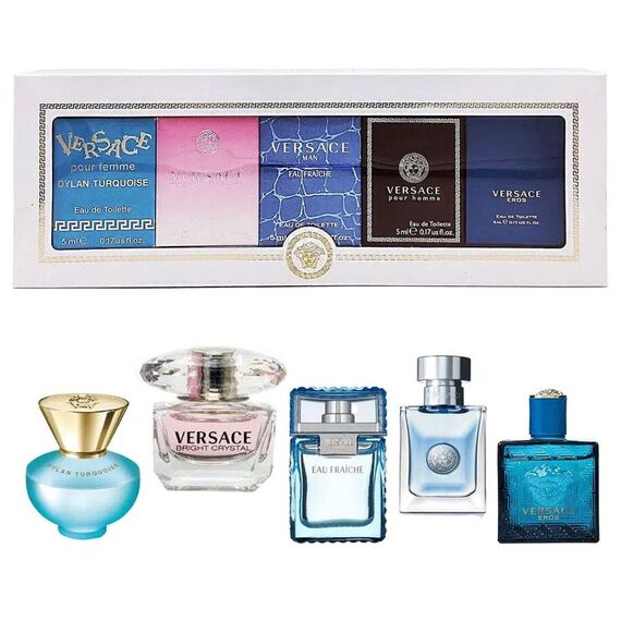 Versace Eau De Toilette 5X5ml (Bright Crystal Women + Pour Femme Dylan Turquoise +  Eros Men + Man Eau Fraiche + Pour Homme)